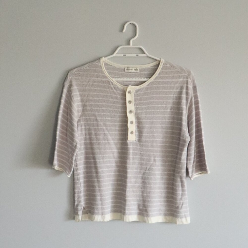 Gentle Fawn Women's Sz‎ XS Purple Linen Striped Henley Short Sleeve T-Shirt Top
